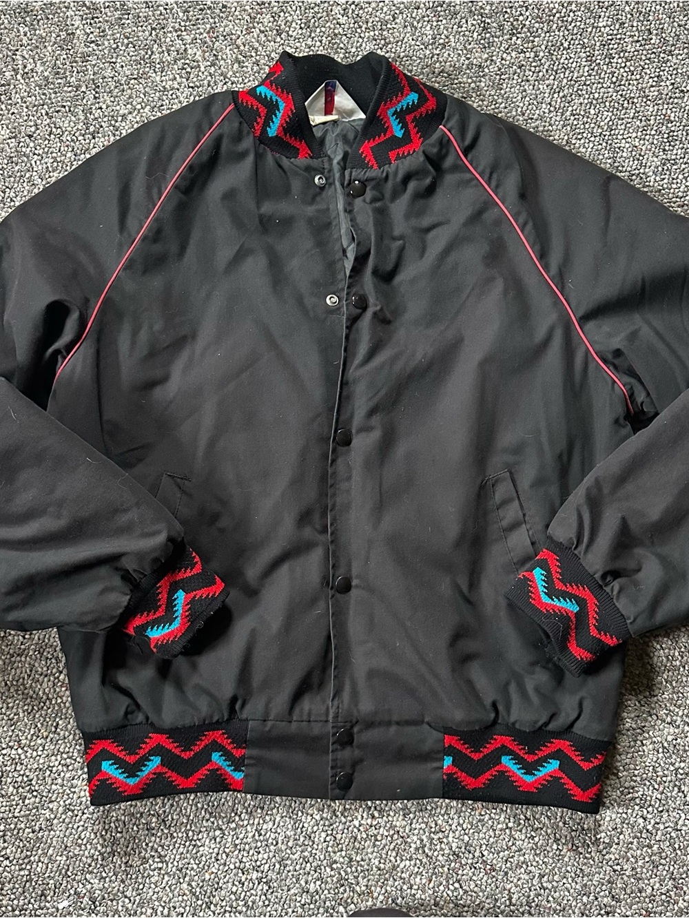 Vintage Western Black Bomber Jacket with Red & Teal Accents